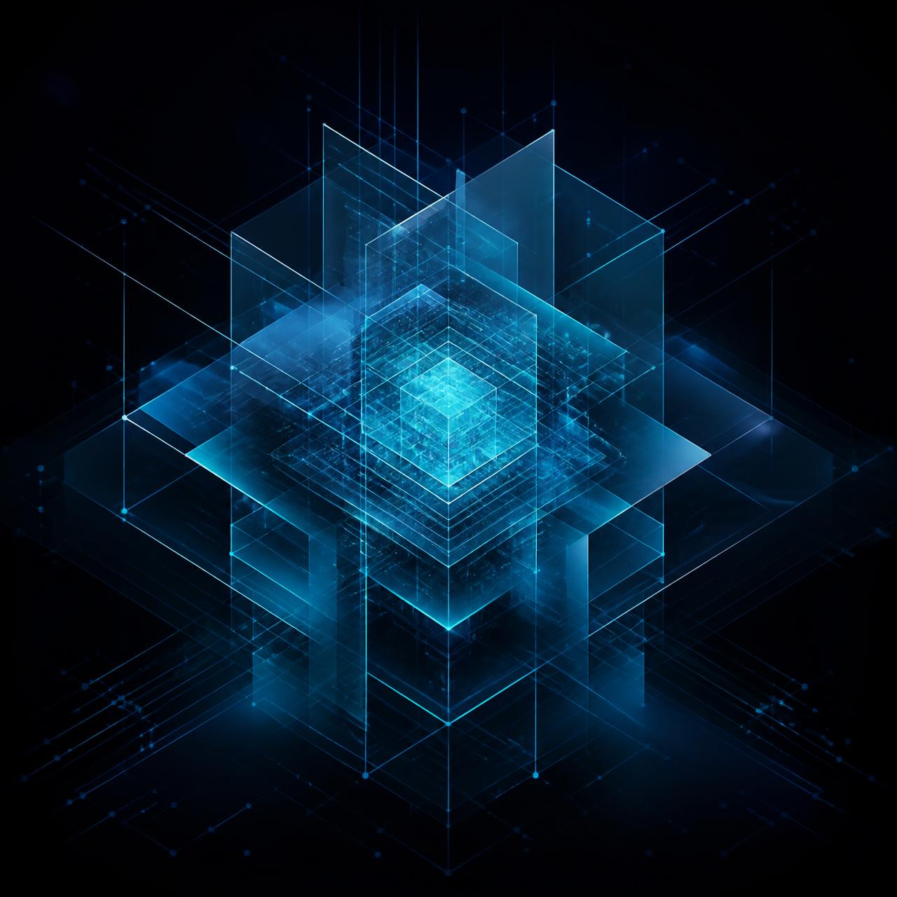 Abstract illustration of a layered glass AI core with luminous neural lattice lines